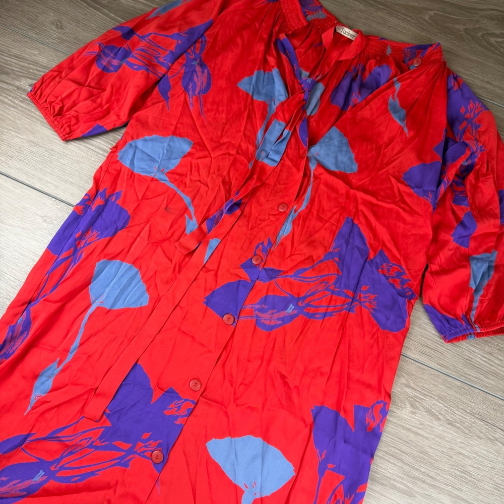 Tucker Women Dress Silk Blend Floral Button Front Tie Neck Red Large